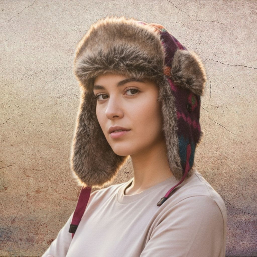 🌈Orange & Purple Navajo Print Fur Lined Trapper Hat w/ Ear Flaps OS